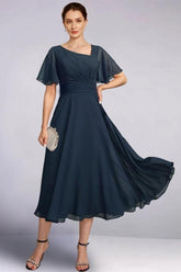 Gorgeous A-Line Mother of The Bride Dress Chiffon V-Neck Cap Sleeve Bridesmaid Dresses With Ruffles