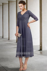 Gorgeous A-Line Mother of The Bride Dress Lace V-Neck 3/4 Sleeve Bridesmaid Dresses With Appliques
