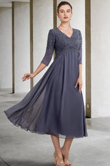 Gorgeous A-Line Mother of The Bride Dress Lace V-Neck 3/4 Sleeve Bridesmaid Dresses With Appliques