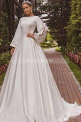 Gorgeous A-Line Satin Long Sleeve White Wedding Dress With Appliques
