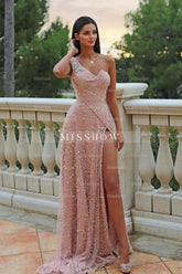 Gorgeous A-Line Satin One Shoulder Sleeveless Pink Prom Evening Dresses With Split Front