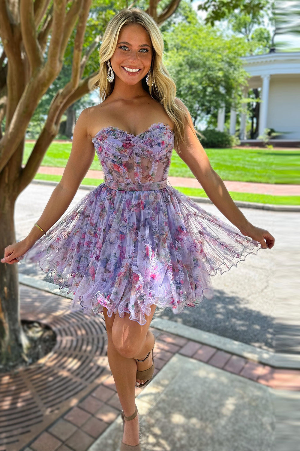 Gorgeous A Line Sweetheart Lilac Floral Printed Short Homecoming Dress   misshow.com