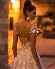 Gorgeous A-line Wedding Dresses with Lace Cap Sleeves Open Back Bridal Gown