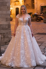 Gorgeous A-line Wedding Dresses with Lace Cap Sleeves Open Back Bridal Gown