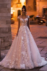 Gorgeous A-line Wedding Dresses with Lace Cap Sleeves Open Back Bridal Gown