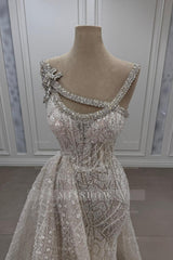Gorgeous Asymmetrical Mermaid Strapless Sleeveless Beaded Panel Train Long Tulle Prom Dresses With Rhinestone