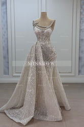 Gorgeous Asymmetrical Mermaid Strapless Sleeveless Beaded Panel Train Long Tulle Prom Dresses With Rhinestone