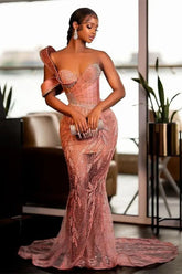 Gorgeous Beading Embroidery One shoulder Pink Mermaid Long Formal Dress