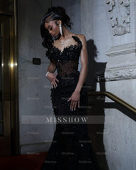 Black strapless beaded mermaid prom dress