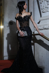 Black strapless beaded mermaid prom dress
