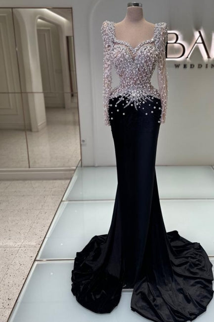 Gorgeous Black Sweetheart Mermaid Beaded Sequined Long Sleeve Evening Dresses With Pearls
