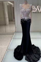 Gorgeous Black Sweetheart Mermaid Beaded Sequined Long Sleeve Evening Dresses With Pearls
