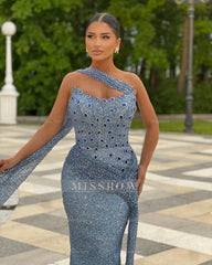 Gorgeous Blue Column Strapless Sleeveless Beaded Sequined Long Prom Dress With Rhinestones