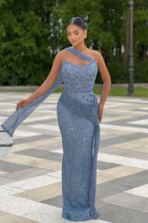 Gorgeous Blue Column Strapless Sleeveless Beaded Sequined Long Prom Dress With Rhinestones