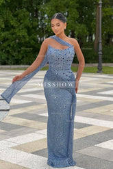 Gorgeous Blue Column Strapless Sleeveless Beaded Sequined Long Prom Dress With Rhinestones