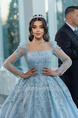 Gorgeous Blue Square Long Illusion Sleeves Beaded Sequined Ball Gown Long Satin Wedding Dress With Appliques
