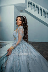 Gorgeous Blue Square Long Illusion Sleeves Beaded Sequined Ball Gown Long Satin Wedding Dress With Appliques