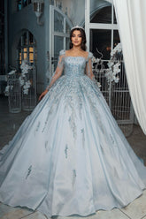 Gorgeous Blue Square Long Illusion Sleeves Beaded Sequined Ball Gown Long Satin Wedding Dress With Appliques