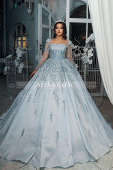 Gorgeous Blue Square Long Illusion Sleeves Beaded Sequined Ball Gown Long Satin Wedding Dress With Appliques