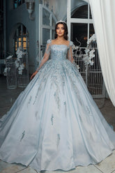 Gorgeous Blue Square Long Illusion Sleeves Beaded Sequined Ball Gown Long Satin Wedding Dress With Appliques