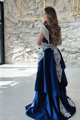 Gorgeous Blue Sweetheart Column Appliques Sleeveless Split Front Floor-length Prom Evening Dresses with Train