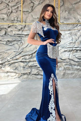 Gorgeous Blue Sweetheart Column Appliques Sleeveless Split Front Floor-length Prom Evening Dresses with Train