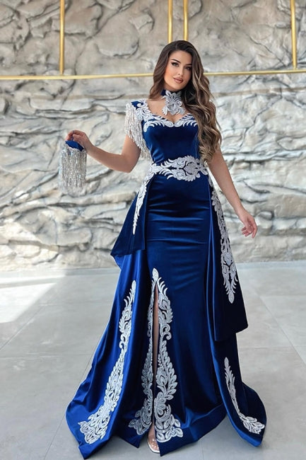 Gorgeous Blue Sweetheart Column Appliques Sleeveless Split Front Floor-length Prom Evening Dresses with Train