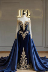 Gorgeous Blue V-Neck Long-Sleeve Mermaid Formal Dress with Detachable Train