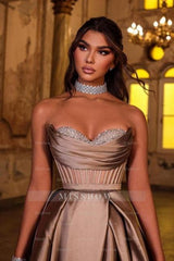 Gorgeous Brown Sweetheart Sleeveless Satin Split Front Prom Dresses With Rhinestones
