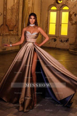 Gorgeous Brown Sweetheart Sleeveless Satin Split Front Prom Dresses With Rhinestones