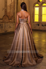 Gorgeous Brown Sweetheart Sleeveless Satin Split Front Prom Dresses With Rhinestones
