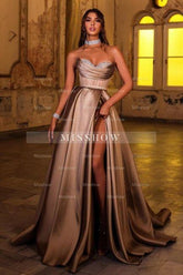 Gorgeous Brown Sweetheart Sleeveless Satin Split Front Prom Dresses With Rhinestones