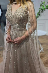Gorgeous Champagne A-Line V-Neck Beaded Sequined Illusion Long Sleeves Floor-Length Tulle Evening Dresses