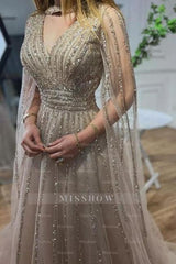 Gorgeous Champagne A-Line V-Neck Beaded Sequined Illusion Long Sleeves Floor-Length Tulle Evening Dresses