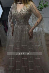 Gorgeous Champagne A-Line V-Neck Beaded Sequined Illusion Long Sleeves Floor-Length Tulle Evening Dresses