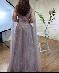 Gorgeous Champagne A-Line V-Neck Beaded Sequined Illusion Long Sleeves Floor-Length Tulle Evening Dresses