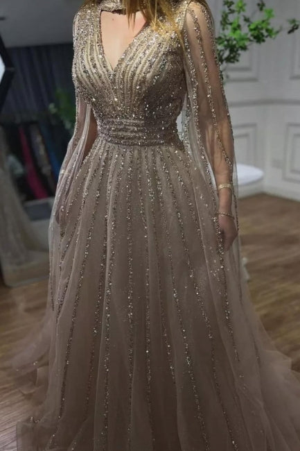 Gorgeous Champagne A-Line V-Neck Beaded Sequined Illusion Long Sleeves Floor-Length Tulle Evening Dresses