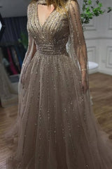 Gorgeous Champagne A-Line V-Neck Beaded Sequined Illusion Long Sleeves Floor-Length Tulle Evening Dresses