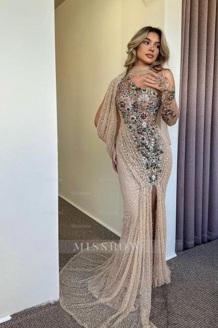 Gorgeous Champagne Mermaid One-Shoulder Cap Sleeve Beaded Sequined Split Front Long Tulle Prom Dresses With Rhinestone