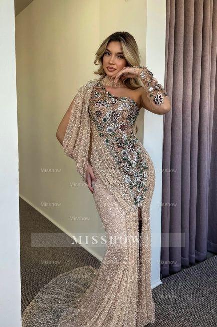 Gorgeous Champagne Mermaid One-Shoulder Cap Sleeve Beaded Sequined Split Front Long Tulle Prom Dresses With Rhinestone
