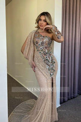 Gorgeous Champagne Mermaid One-Shoulder Cap Sleeve Beaded Sequined Split Front Long Tulle Prom Dresses With Rhinestone