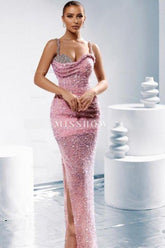 Gorgeous Column Chiffon Spaghetti Straps Sweetheart Sleeveless Prom Evening Dresses With Split