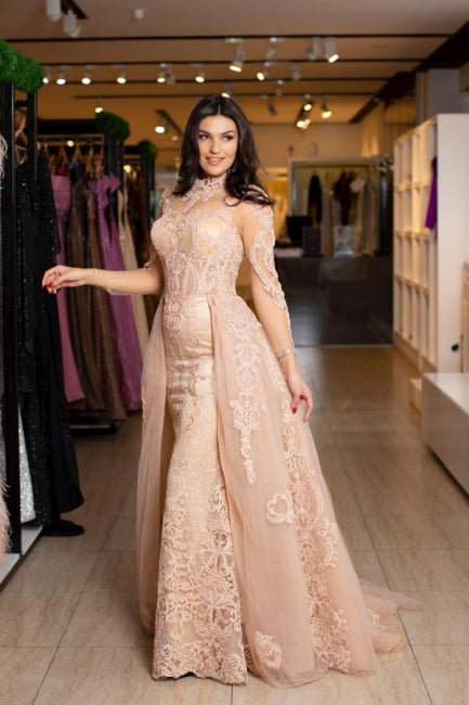 Gorgeous Column Lace High Neck Long Sleeve Prom Evening Dresses With Appliques Train