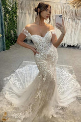 Gorgeous Column Lace Off-The-Shoulder Sleeveless White Wedding Dresses With Appliques Train