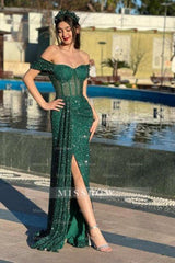 Gorgeous Column Lace Off-The-Shoulder Sweetheart Sleeveless Green Prom Evening Dresses With Split Front