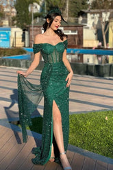Gorgeous Column Lace Off-The-Shoulder Sweetheart Sleeveless Green Prom Evening Dresses With Split Front