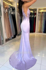Gorgeous Column Satin Lace V-Neck Sleeveless Prom Evening Dresses With Appliques Split