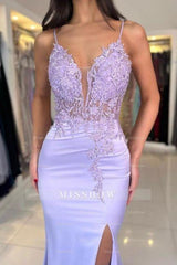 Gorgeous Column Satin Lace V-Neck Sleeveless Prom Evening Dresses With Appliques Split