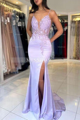 Gorgeous Column Satin Lace V-Neck Sleeveless Prom Evening Dresses With Appliques Split