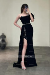 Gorgeous Column Satin One Shoulder Sleeveless Prom Evening Dresses With Sequined Split